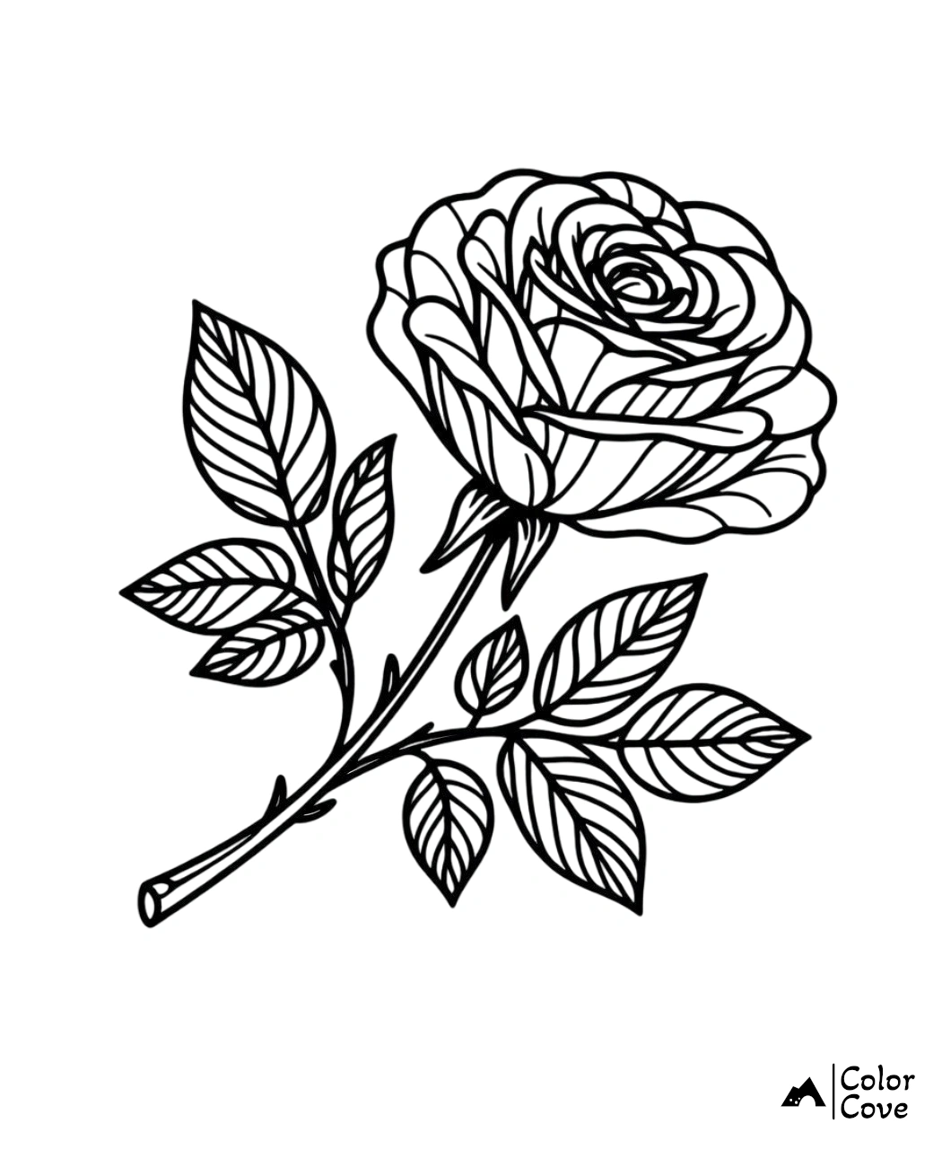 Black and white rose coloring page featuring a detailed rose flower with leaves, perfect for kids and adult coloring fun.