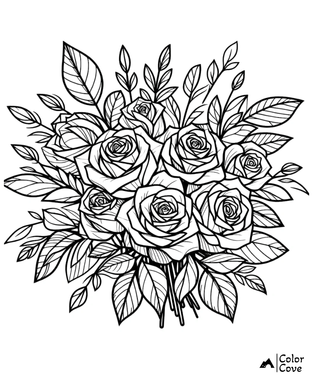 Coloring page of a detailed bouquet of roses with surrounding leaves, perfect for floral art enthusiasts and relaxing activities.