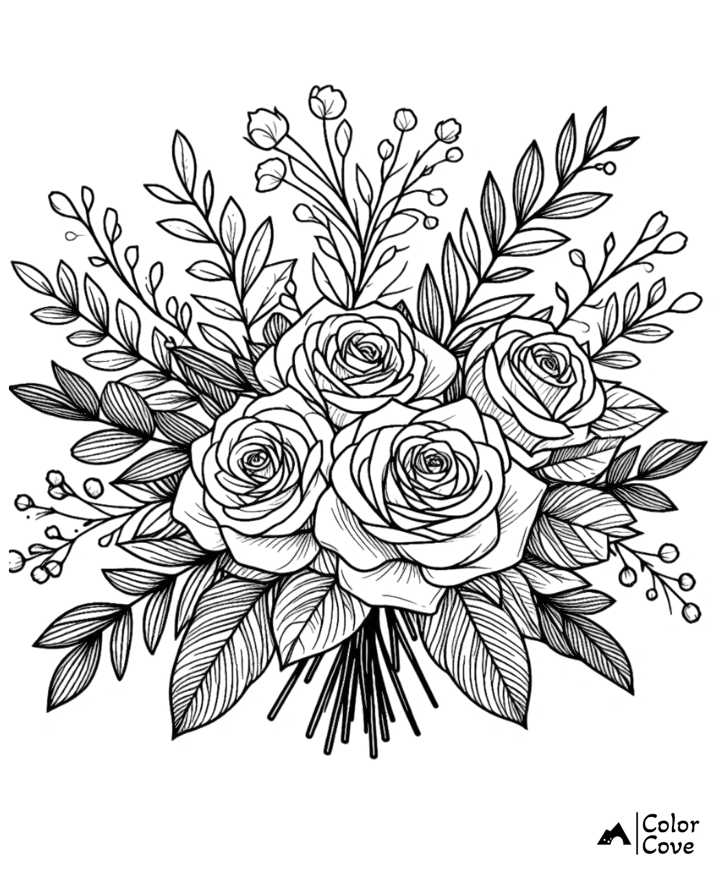 Coloring page featuring intricate roses and foliage, ready to print and color for stress relief and creativity.