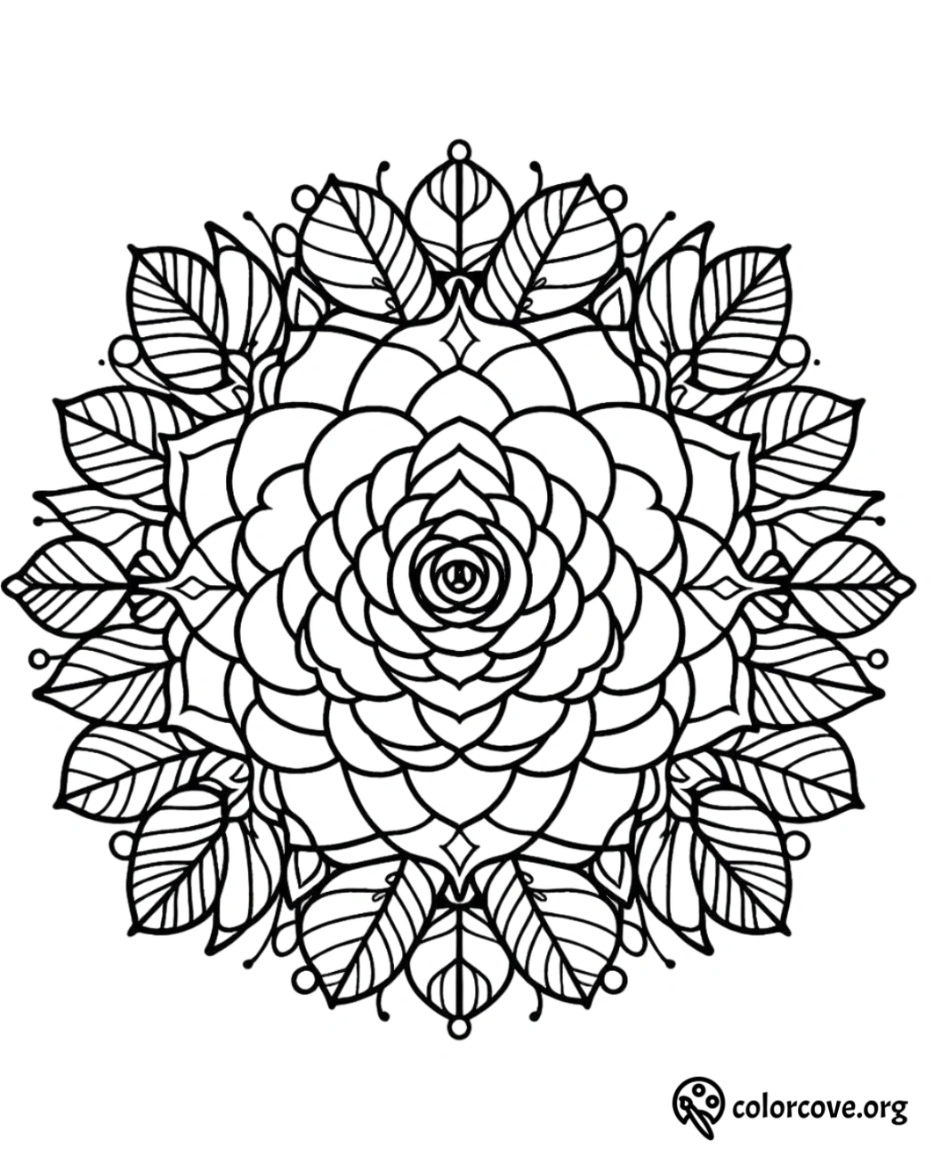 a black and white mandala with leaves