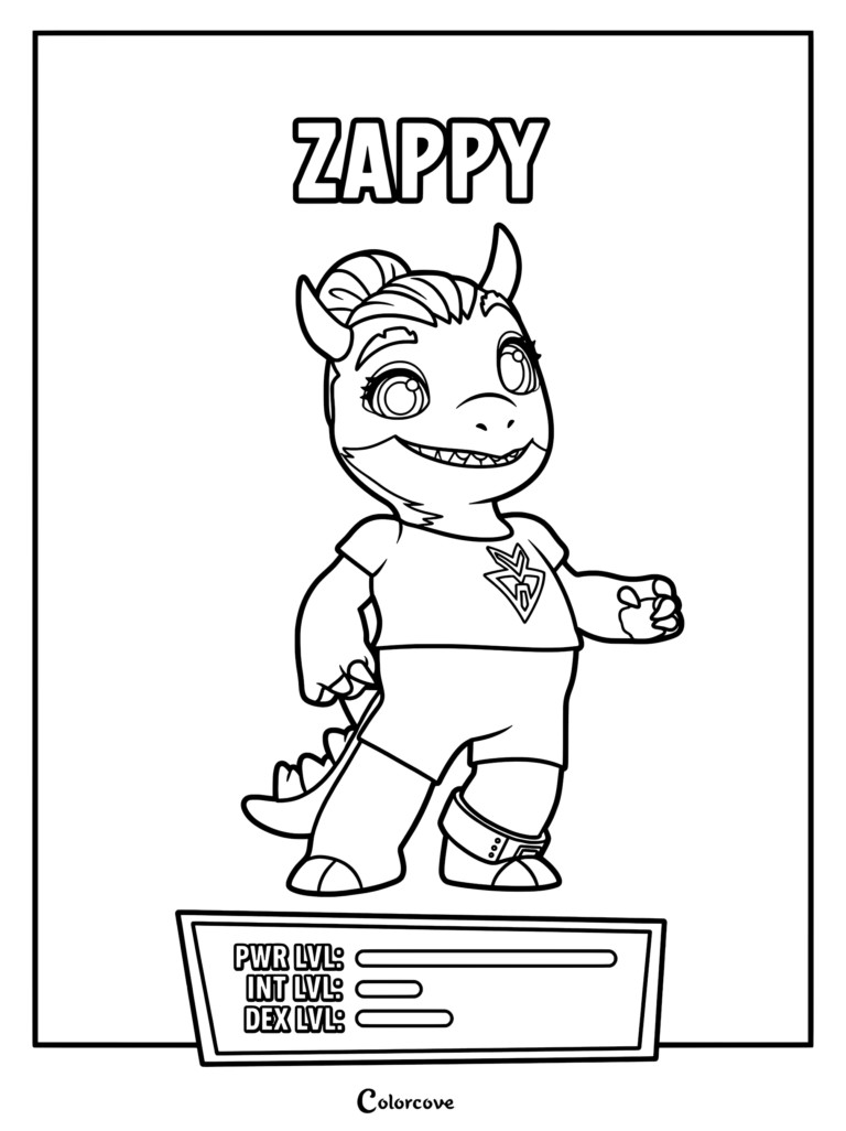 Zappy from Run Monster Run standing in a character profile coloring page layout with power, intelligence, and dexterity stat bars below her.