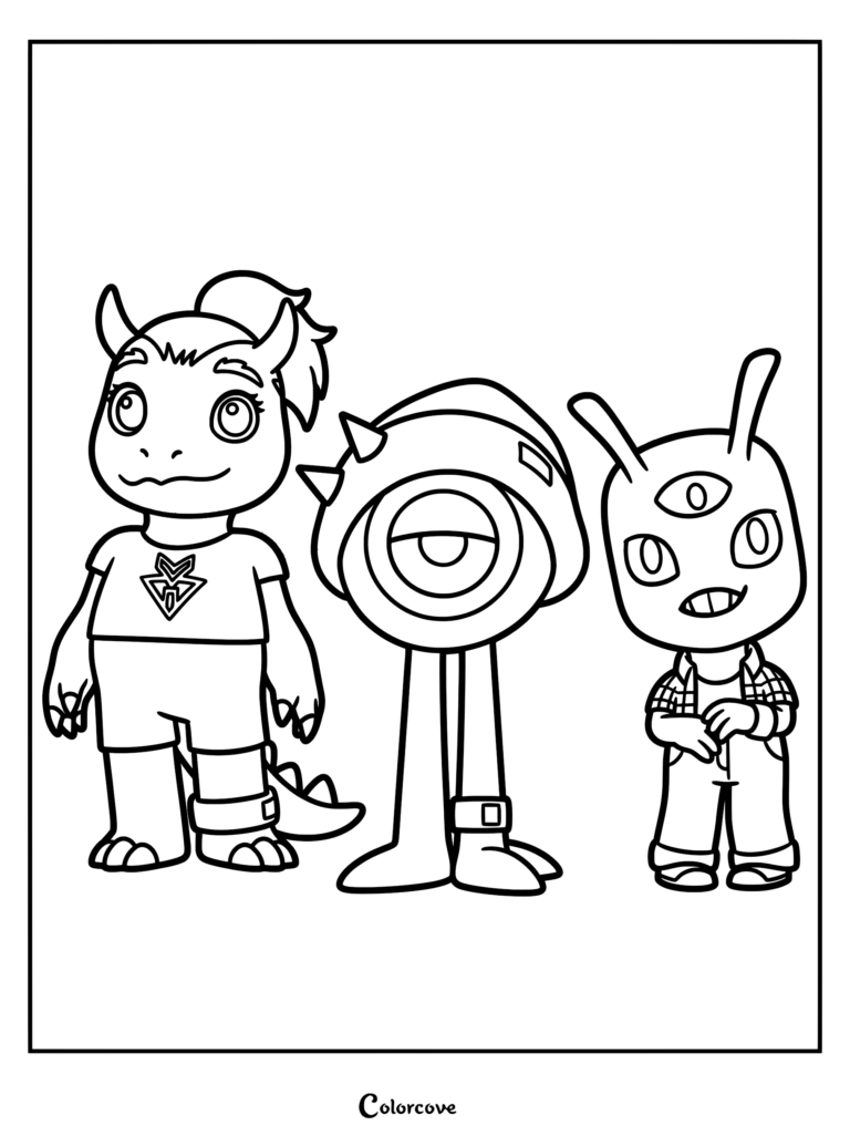A printable coloring page featuring the main trio from Run Monster Run: Zappy, Gloom, and Nebulor standing side-by-side in clear line art.