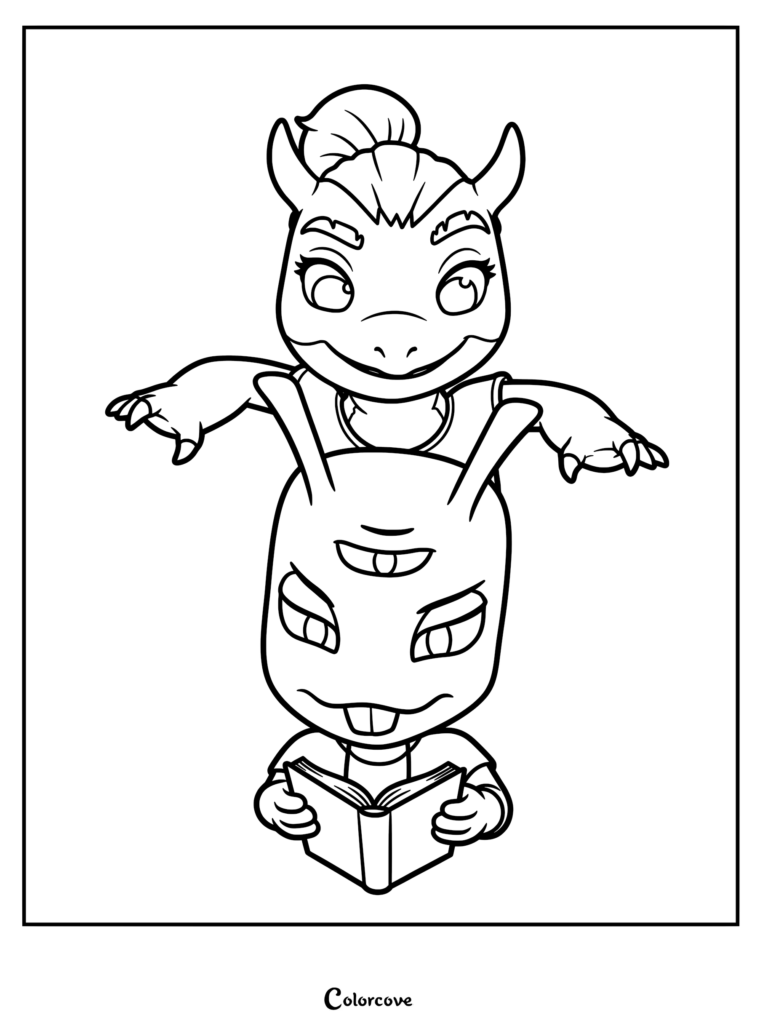 Zappy sneaking up directly behind Nebulor who is reading a book, line art coloring page of Run Monster Run characters.