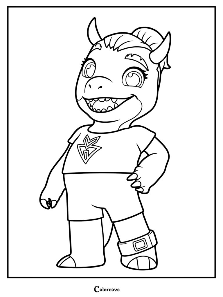 A printable coloring page featuring Zappy from Run Monster Run, showing her wearing a t-shirt with a logo and a cuff on her leg.