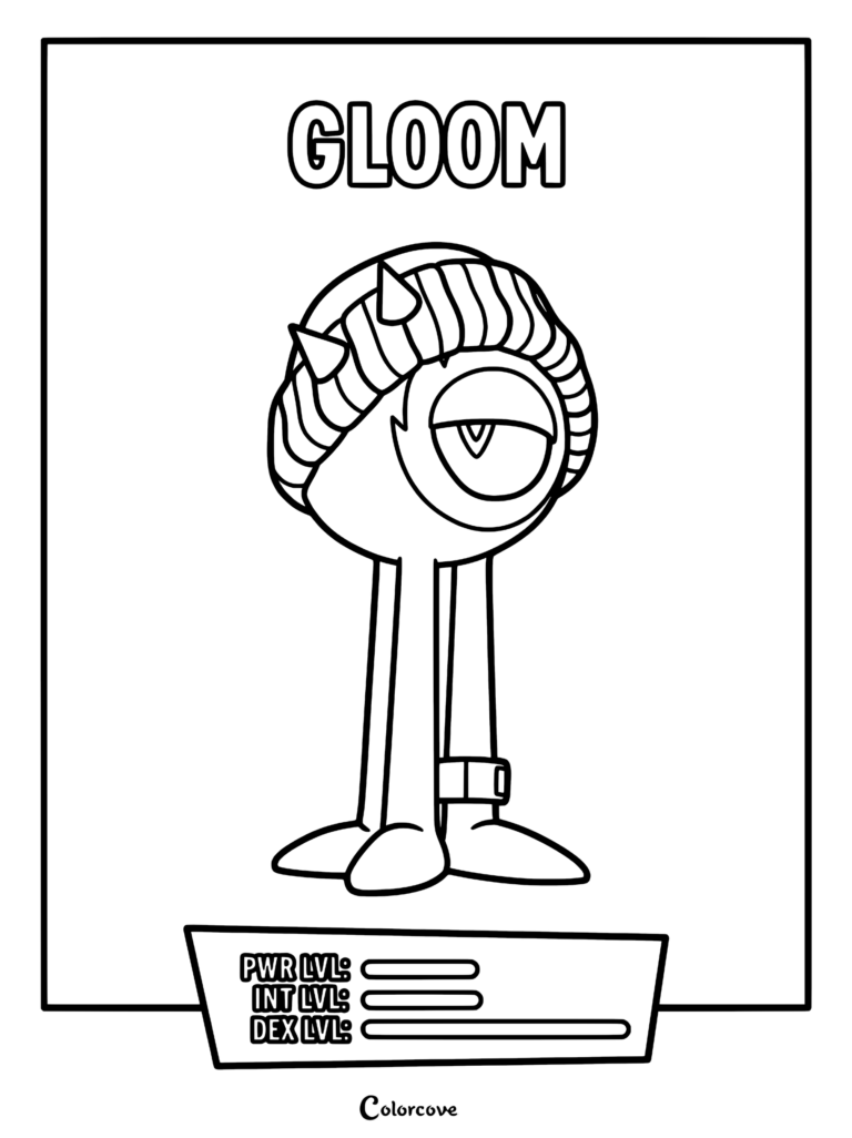 Gloom from Run Monster Run wearing a beanie with a stat card below, presented as a printable coloring page.