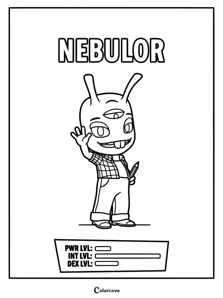 Nebulor from Run Monster Run waving with a pencil in hand, featuring a stat bar for power, intelligence, and dexterity on a printable coloring page.