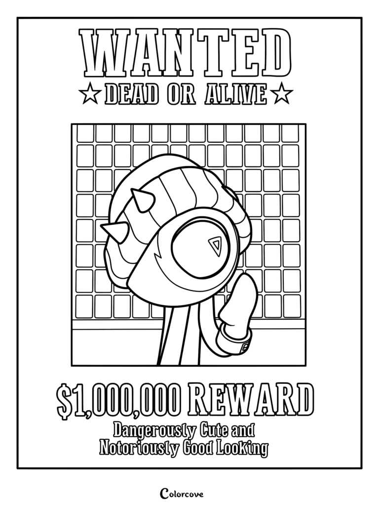 A printable coloring page featuring a Wanted Dead or Alive poster of Gloom from Run Monster Run, showing the cyclops monster in his beanie against a grid background with a one million dollar reward.