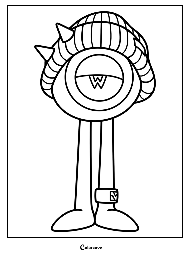 A printable coloring page featuring Gloom, the spherical cyclops monster from Run Monster Run, wearing his signature spiked beanie and standing on long, thin legs.