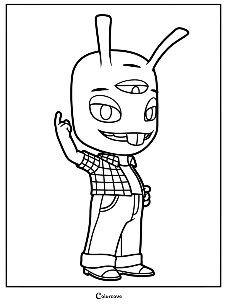 Nebulor from Run Monster Run standing and pointing up in this printable coloring page.