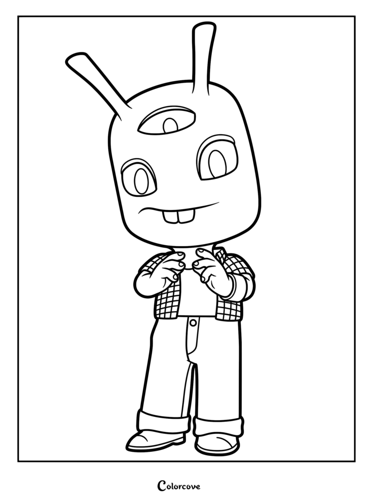 A printable coloring page featuring Nebulor from Run Monster Run, showing the small alien character with a third eye, buck teeth, and a plaid shirt.