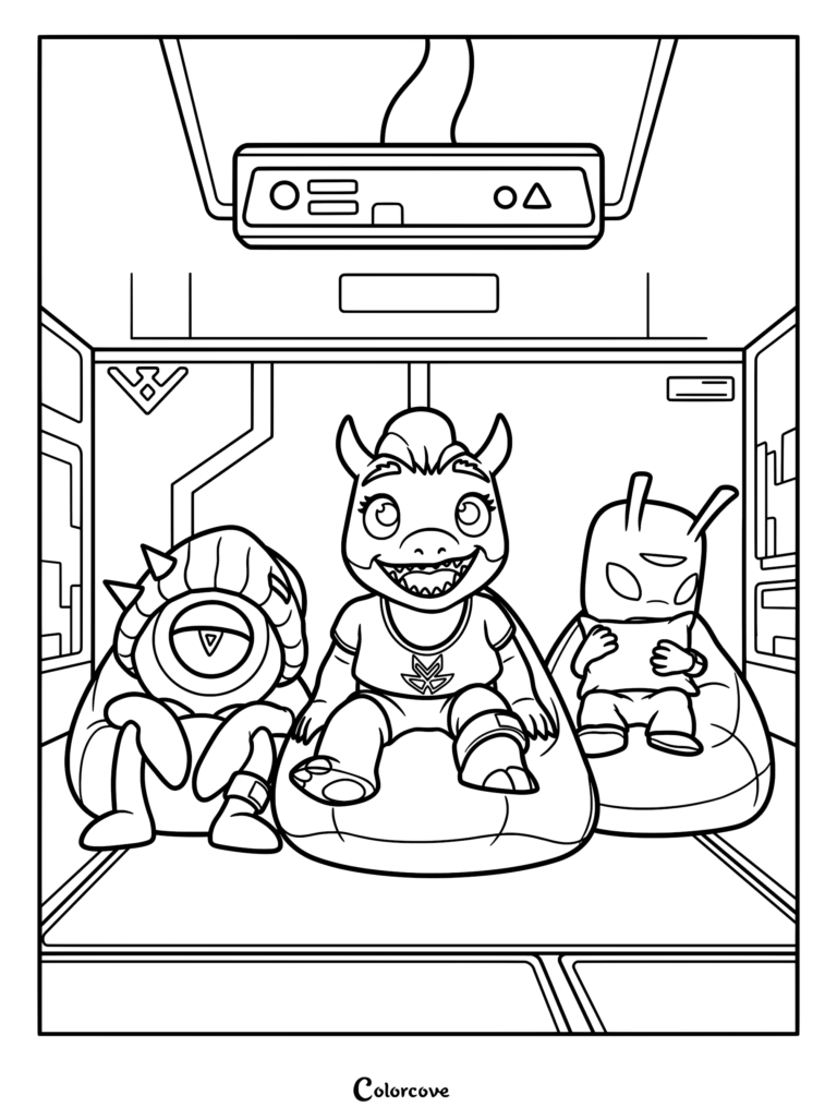 Gloom, Zappy, and Nebulor sitting on beanbag chairs inside the T.E.D.I. facility in this Run Monster Run coloring page.