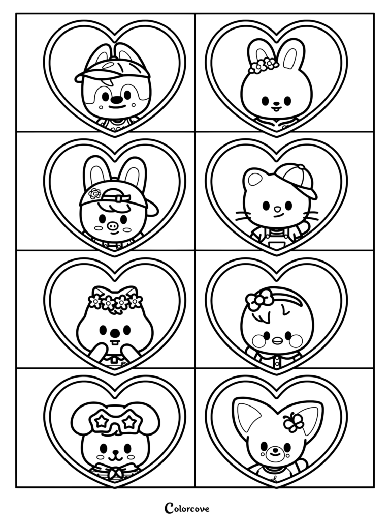 Page de coloriage avec une collection de mignonnes icônes des personnages SKZOO encadrées dans des cœurs.