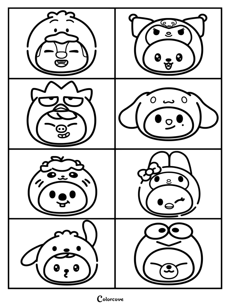 Page de coloriage SKZOO avec les animaux de Stray Kids vêtus de sweats à capuche à l'effigie des personnages Sanrio.
