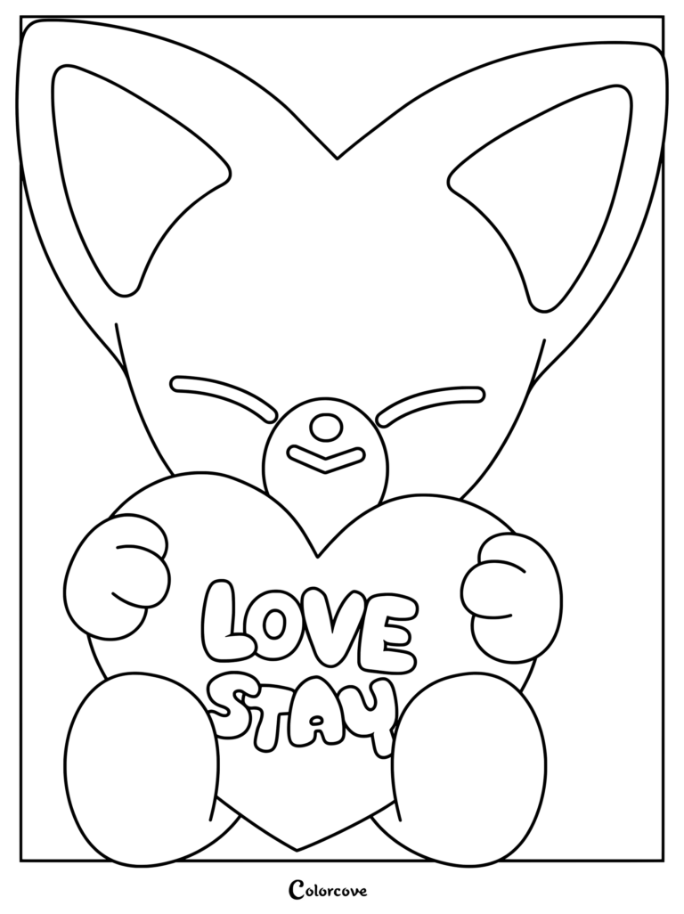Page de coloriage SKZOO de FoxI.Ny tenant un cœur rose sur lequel est écrit Love Stay.