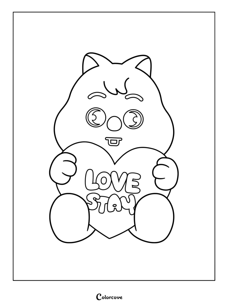Page de coloriage SKZOO représentant Han Quokka tenant un cœur avec l'inscription LOVE STAY.