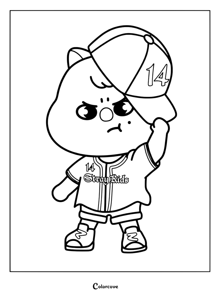 Page de coloriage SKZOO avec Han Quokka portant une tenue style baseball noire et grise de la tournée mondiale dominATE.
