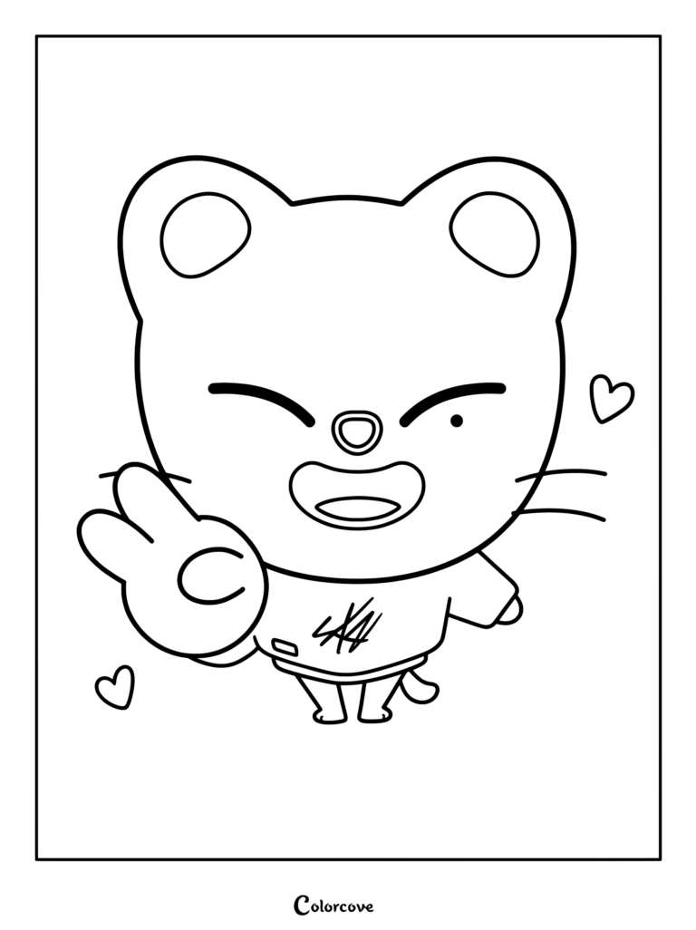 Page de coloriage du personnage SKZOO Jiniret faisant le signe de la paix.