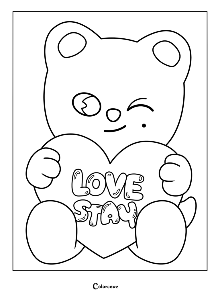 Page de coloriage SKZOO de Jiniret, le furet blanc, tenant un cœur sur lequel est écrit LOVE STAY.