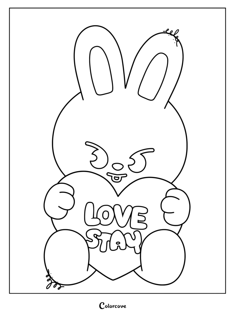Page de coloriage SKZOO de Leebit tenant un cœur avec l'inscription Love Stay.