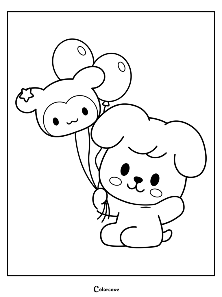 Page de coloriage à imprimer de PuppyM de SKZOO tenant un ballon bleu clair à l'effigie d'un personnage.