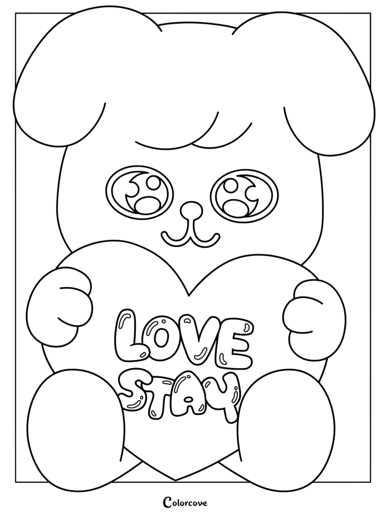 Page de coloriage SKZOO mettant en scène PuppyM tenant un cœur avec l'inscription LOVE STAY.