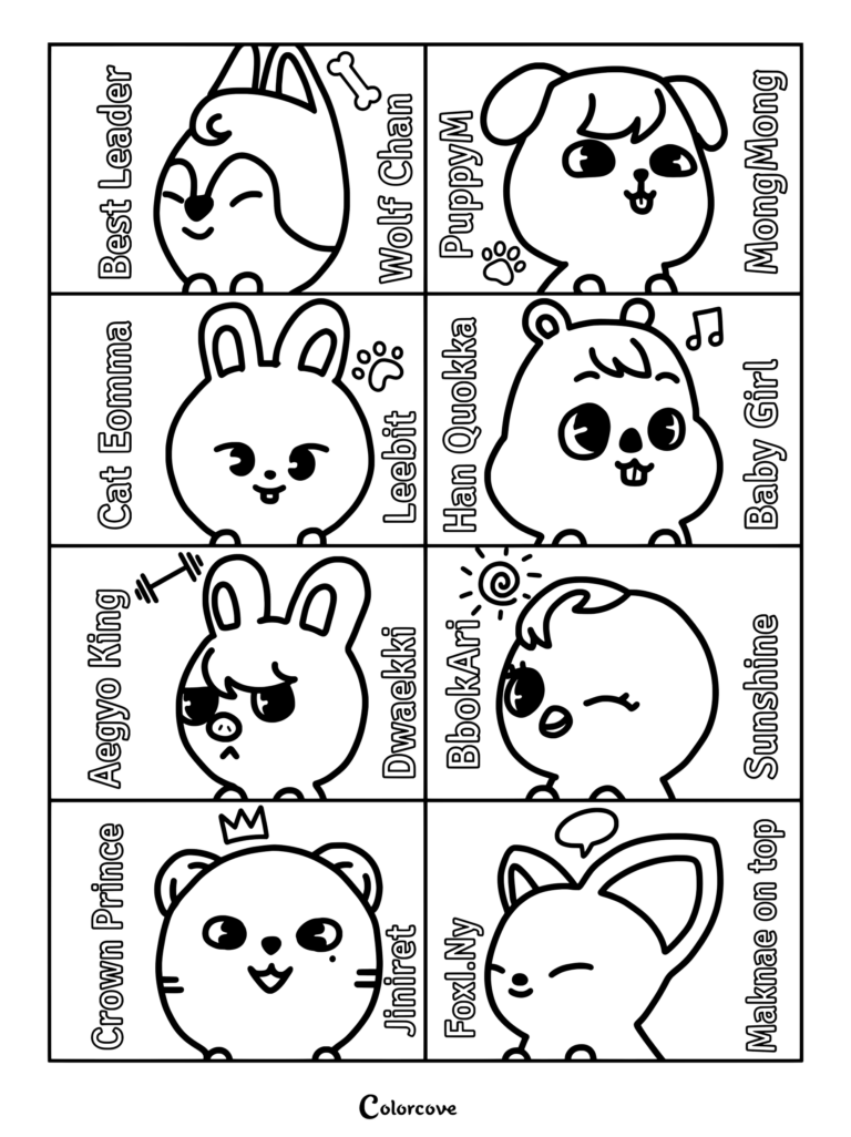 Page de coloriage SKZOO mettant en scène les animaux officiels et leurs membres correspondants de Stray Kids.