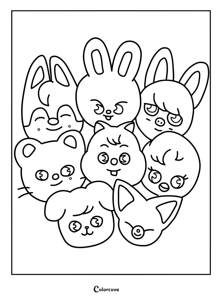Un mignon coloriage style doodle avec les huit personnages SKZOO représentant Stray Kids.
