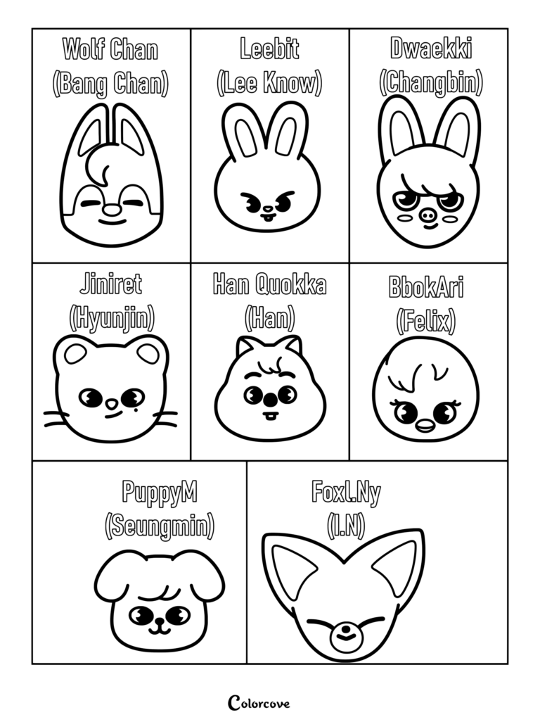 Page de coloriage montrant les animaux officiels SKZOO et les membres de Stray Kids correspondants.