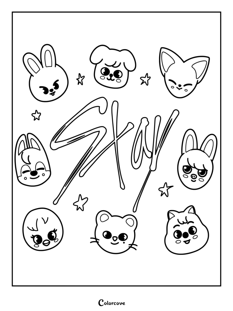 Page de coloriage des animaux officiels SKZOO entourant le mot STAY.