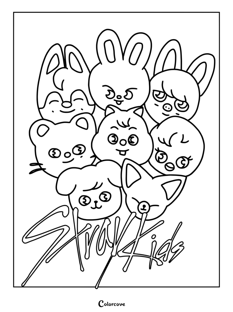 Page de coloriage SKZOO présentant les personnages officiels du groupe de K-pop Stray Kids.