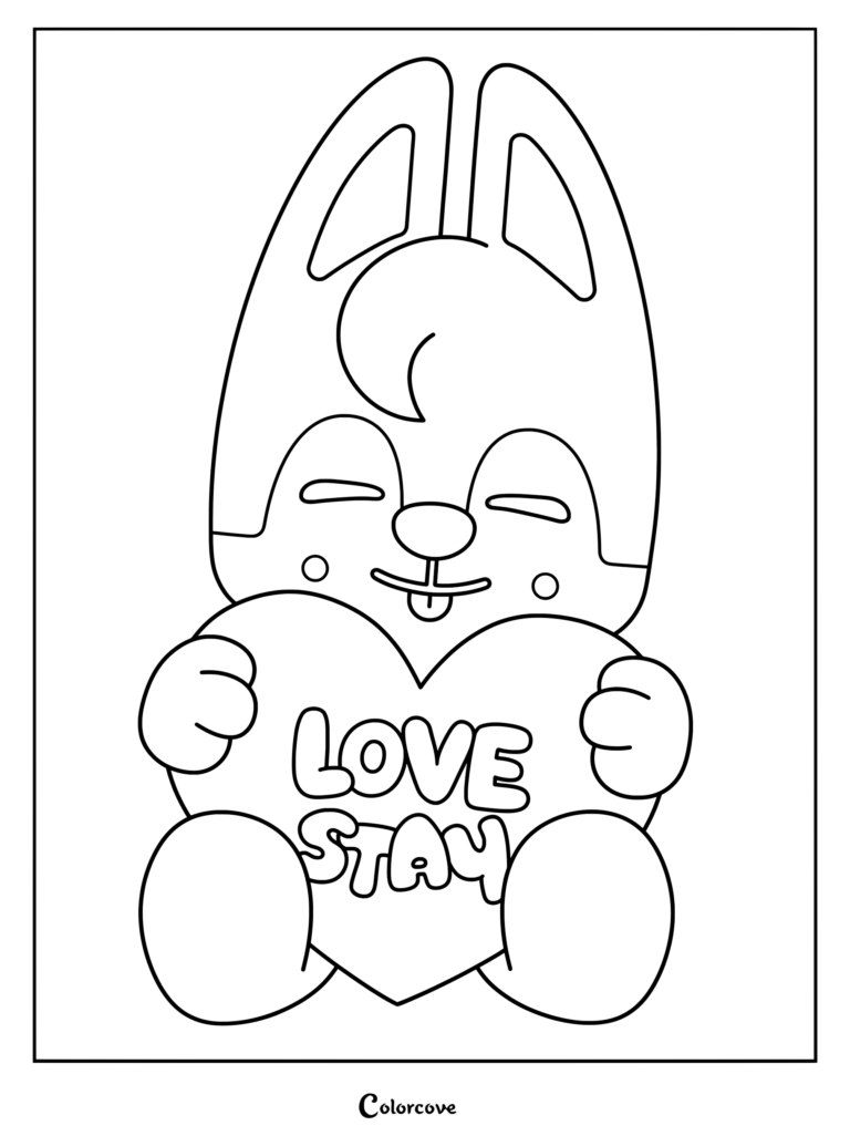 Page de coloriage SKZOO de Wolf Chan tenant un cœur rose sur lequel est inscrit LOVE STAY.