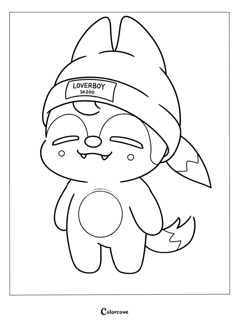 Page de coloriage SKZOO à imprimer de Wolf Chan portant un bonnet noir avec une étiquette Loverboy.