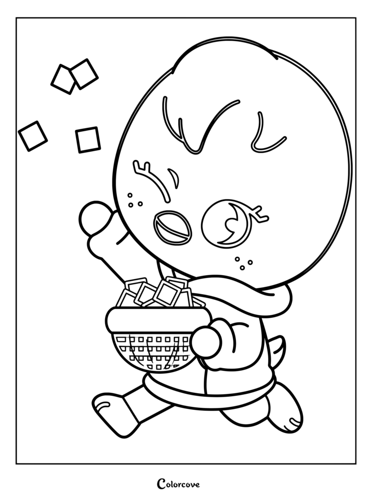 Page de coloriage du poussin BbokAri de la gamme officielle SKZOO de Stray Kids, représentant le membre Felix et tenant un panier.