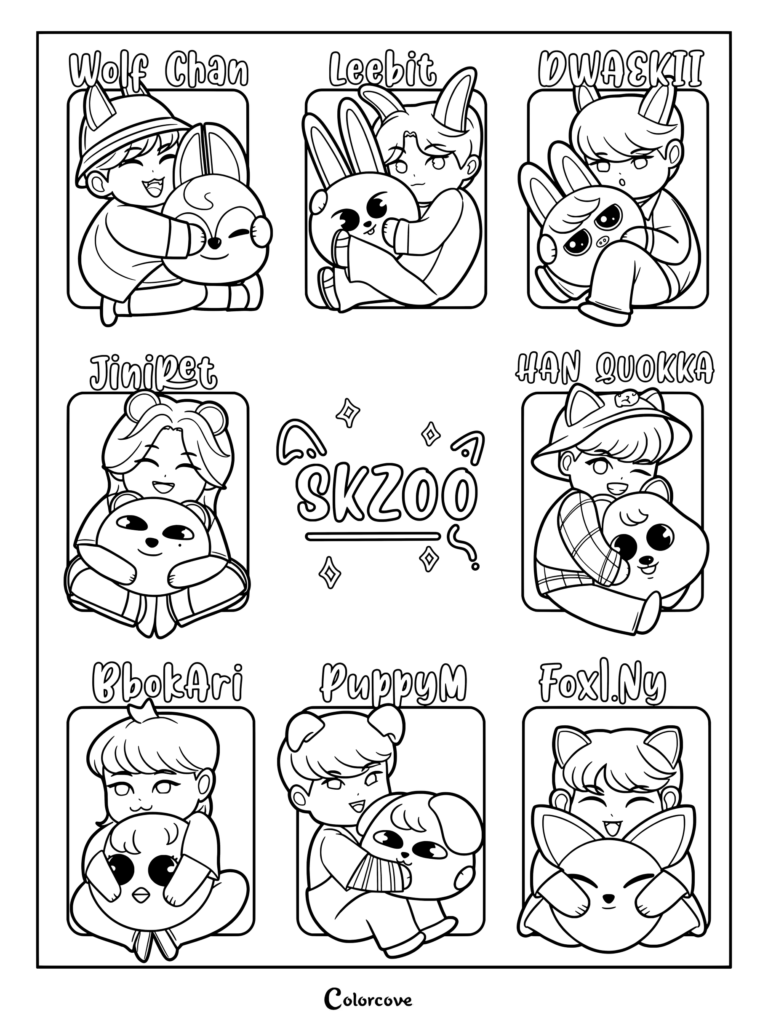 Coloriage fan art SKZOO mignon de style chibi mettant en scène les membres de Stray Kids câlinant leurs peluches animaux.