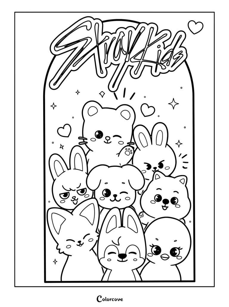 Page de coloriage d'autocollants fanart SKZOO représentant l'ensemble des mignons animaux chibi du groupe de K-pop Stray Kids.