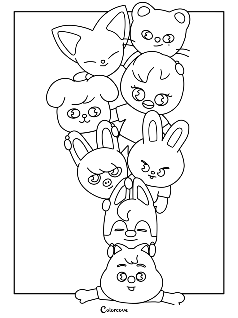 Page de coloriage SKZOO avec une adorable illustration empilée des personnages représentant Stray Kids.