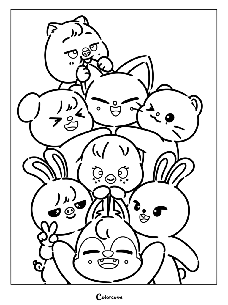 Page de coloriage SKZOO montrant les huit animaux de Stray Kids empilés dans un adorable câlin.