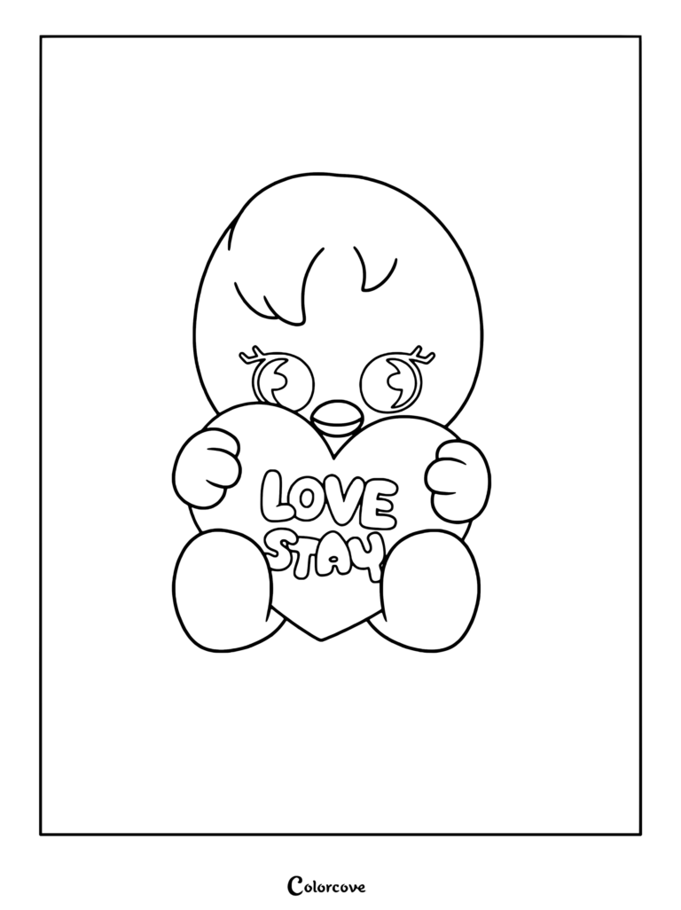 Page de coloriage SKZOO avec BbokAri tenant un cœur rose avec l'inscription LOVE STAY.