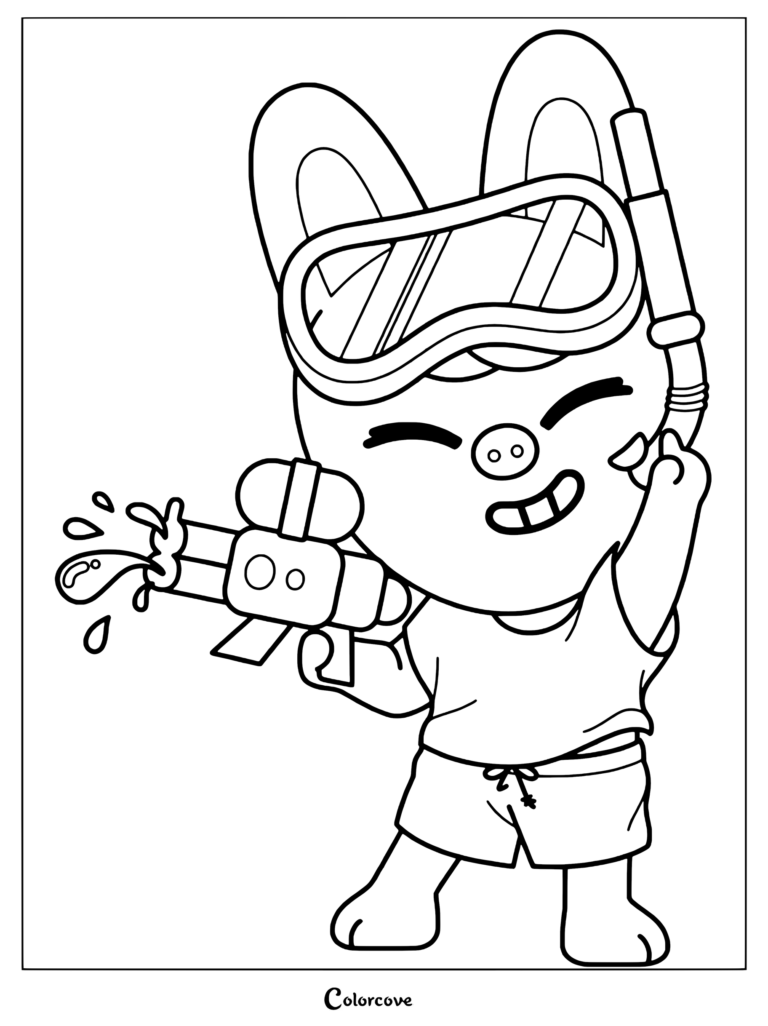 Page de coloriage SKZOO représentant Dwaekki portant des lunettes de natation bleues et tenant un pistolet à eau.