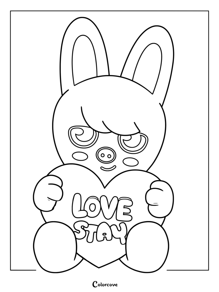 Page de coloriage à imprimer de Dwaekki de SKZOO tenant un cœur où il est écrit LOVE STAY.