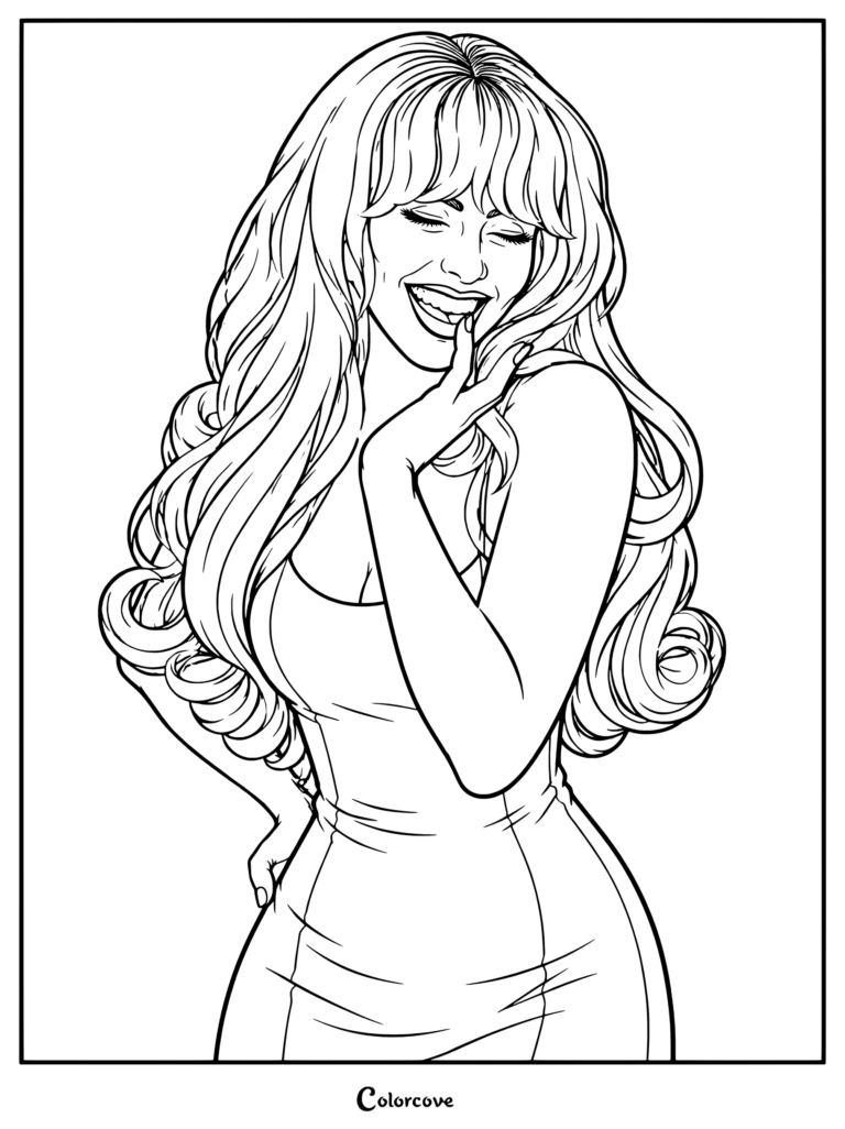 Coloriage de Sabrina Carpenter la montrant souriante et se rongeant l'ongle dans une robe près du corps.