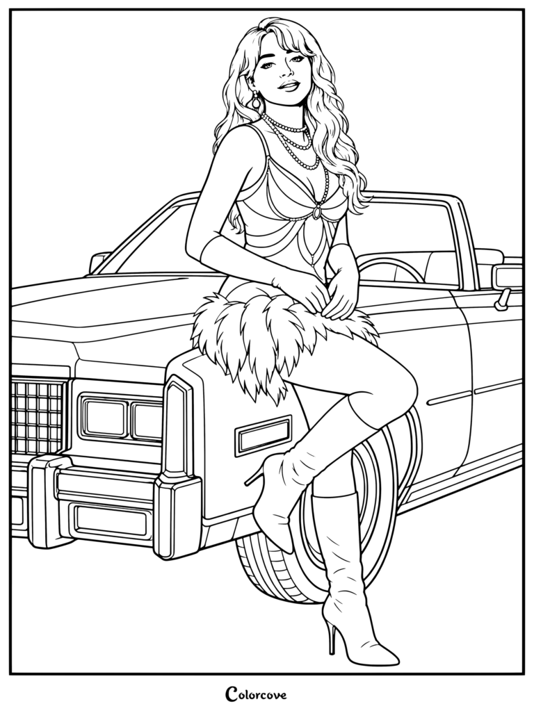 Coloriage de Sabrina Carpenter arborant une esthétique vintage glamour, une voiture décapotable classique, une robe à plumes et de hautes bottes blanches.
