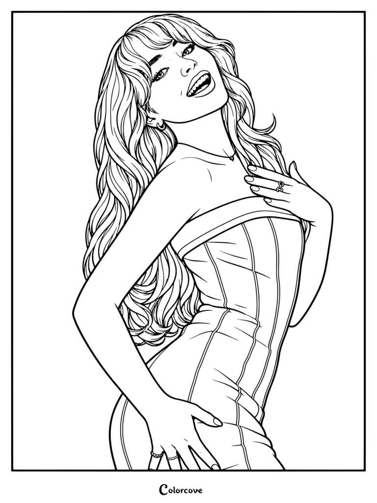 Coloriage de Sabrina Carpenter représentant la chanteuse lors de la séance photo promotionnelle de son single Espresso.
