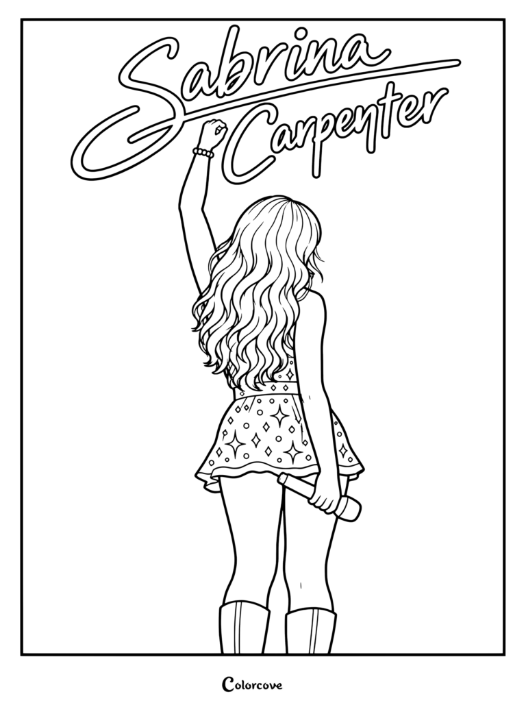 Coloriage gratuit de Sabrina Carpenter représentant la chanteuse sur scène dans une tenue à sequins roses et des bottes assorties lors de sa tournée Short n' Sweet.