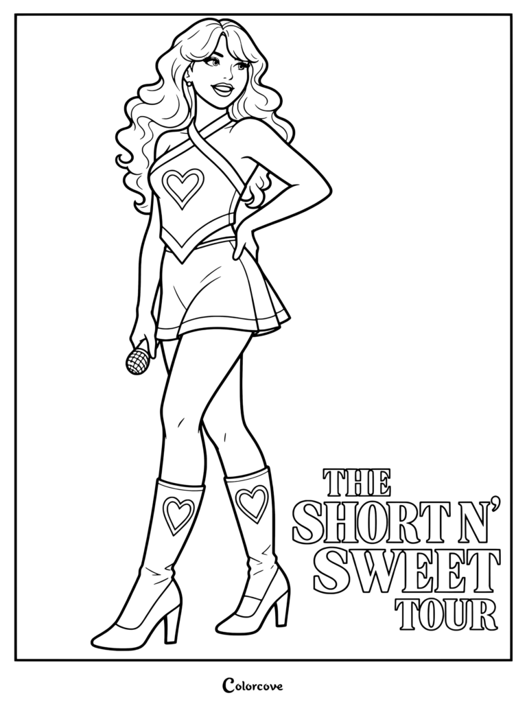 Coloriage de Sabrina Carpenter présentant un fan art de la chanteuse dans un haut dos nu, une jupe et des bottes go-go ornées de cœurs du Short n' Sweet Tour.