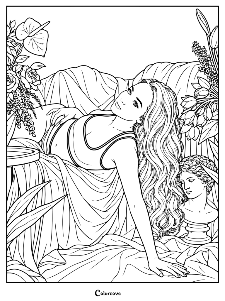 Coloriage de Sabrina Carpenter montrant la chanteuse et actrice américaine lors d'une séance photo promotionnelle pour son album Singular Act I de 2018.