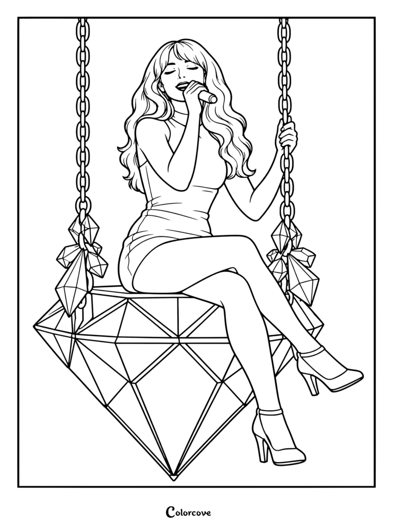 Coloriage de Sabrina Carpenter montrant la chanteuse se produisant sur scène, assise à l'intérieur d'une balancelle étincelante en forme de diamant.