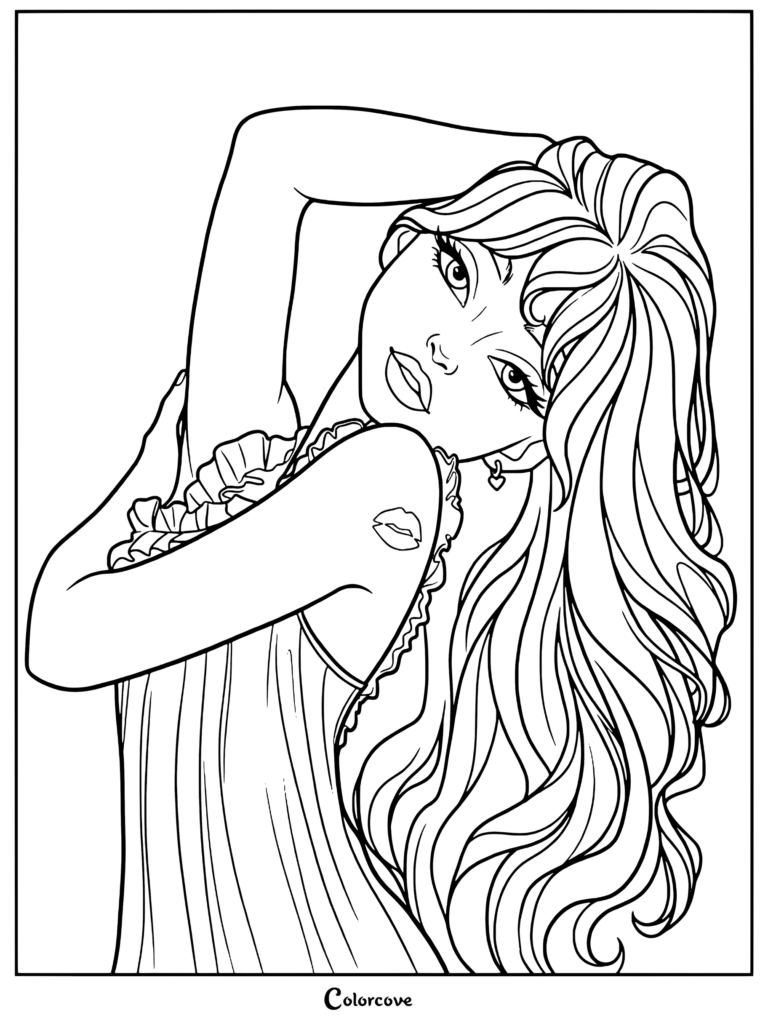Un coloriage à imprimer présentant une illustration numérique et un fan art de Sabrina Carpenter posant de manière séduisante avec de longs cheveux ondulés.