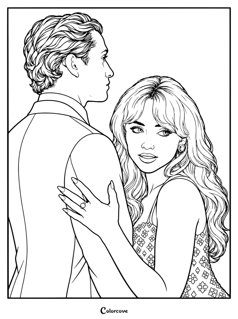 Un coloriage à imprimer de Sabrina Carpenter serrant un homme dans ses bras, la représentant avec de longs cheveux blonds ondulés et une robe à motifs, tiré de la pochette d'album alternative de Man's Best Friend.