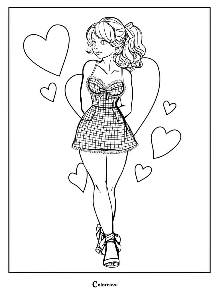 Coloriage de Sabrina Carpenter présentant un fan art dans une tenue à vichy rose et bordée de dentelle avec des cœurs.